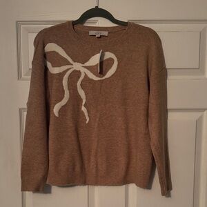 LOFT Tan Sweater with Cream Bow Accent